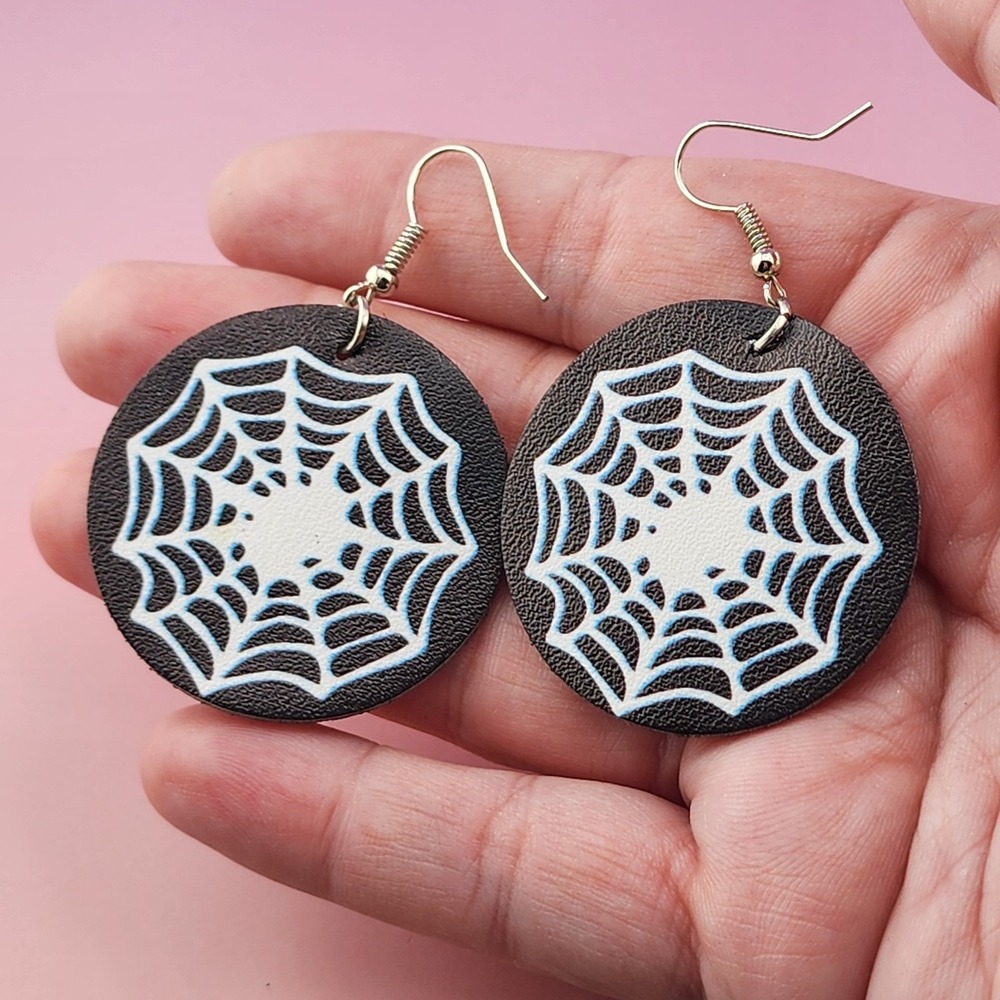 Black Spiderweb Dangle Earrings Round Faux Leather Halloween Gothic Statement